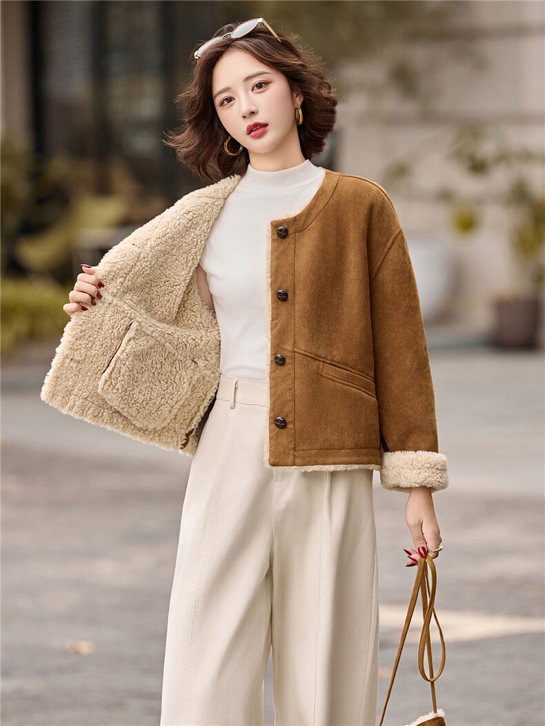 韩系高级感时尚百搭外套女2025冬季新款小个子皮毛一体羊羔毛,女装羊羔毛/颗粒绒,玖莱伊