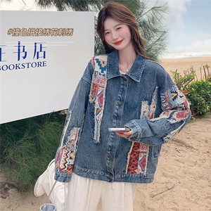 2025春季新款牛仔外套女短款百搭印花开衫翻领小个子长袖夹克上衣图片