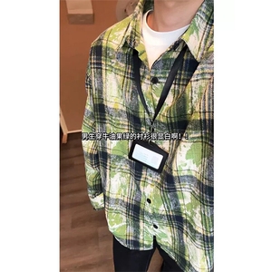 美式扎染条纹格子衬衫男女复古长袖衬衫上衣外套C2239-特价P28图片