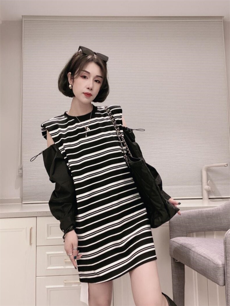 条纹拼布连衣裙ＭL，女装连衣裙，可纳奇