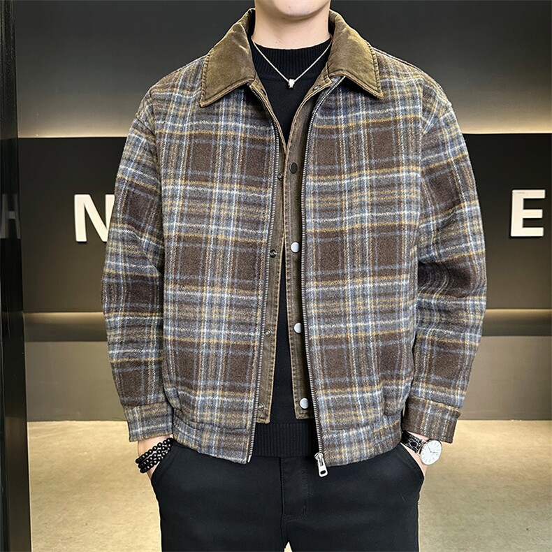 毛呢格子羽绒服男假两件翻领外套保暖上衣标50B317/6535/P225,男装羽绒服,电商B317