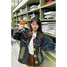 2580-P73做旧水洗牛仔外套女花朵2025新款设计感宽松百搭休闲，男装工装外套，电商B323A