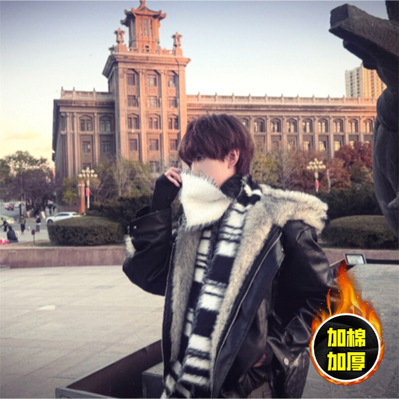 现货冬季美式潮牌痞帅PU皮机车服棉衣毛毛绒狼王座山雕皮棉服，男装棉衣，电商A486