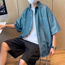 牛仔短袖衬衫男夏季潮流五分袖衬衣ins日系百搭宽松外套C1190-P40，男装衬衫，星座1008