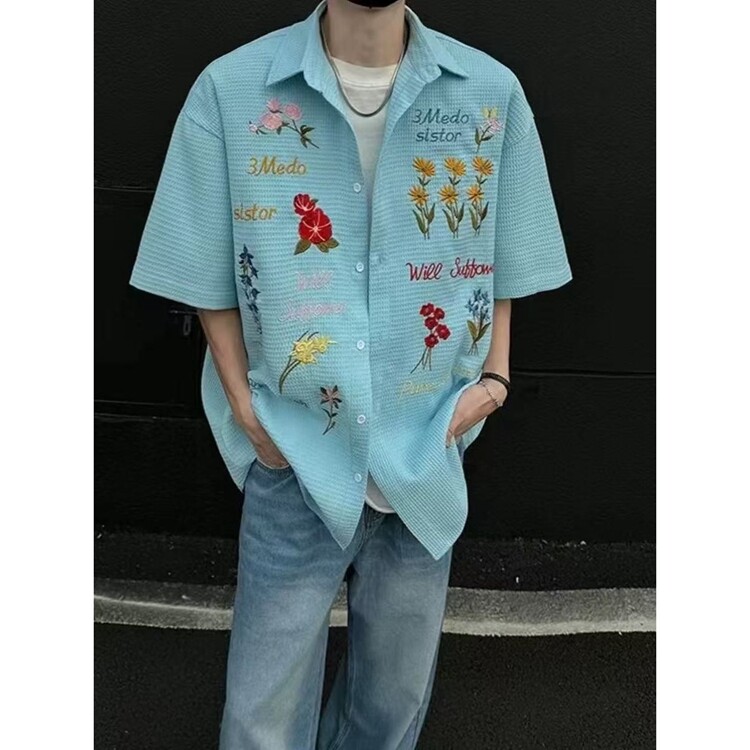 美式复古华夫格彩色花卉刺绣衬衫短袖夏季新款宽松慵懒风休闲百搭,男装衬衫,星座218-8
