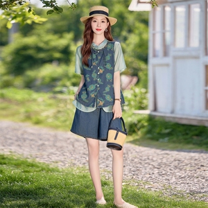 新中式国风复古印花牛仔三件套女2025夏新款洋气减龄马甲短裤套装图片