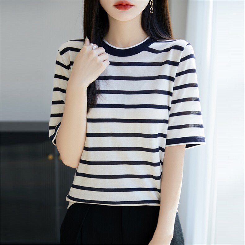 轻奢高级风！桑蚕丝撞色条纹圆领针织短袖T恤女,针织衫/毛衣,暖烁羊绒