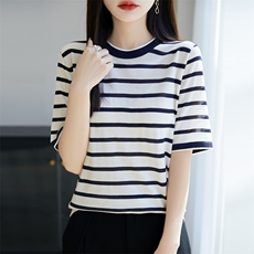 轻奢高级风！桑蚕丝撞色条纹圆领针织短袖T恤女，女装针织衫/毛衣，暖烁羊绒
