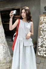 现货2025夏装新款休闲韩系学院风无袖连衣裙，女装连衣裙，1C071-1