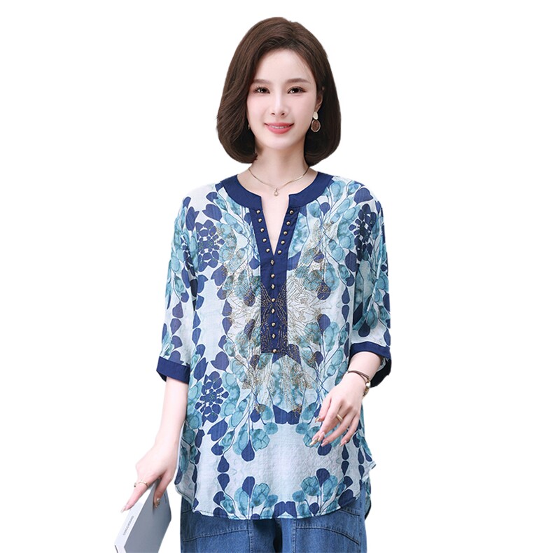 时尚宽松拼接印花镶钻短袖上衣优雅显瘦百搭女衬衫,女装衬衫,叶笙衣