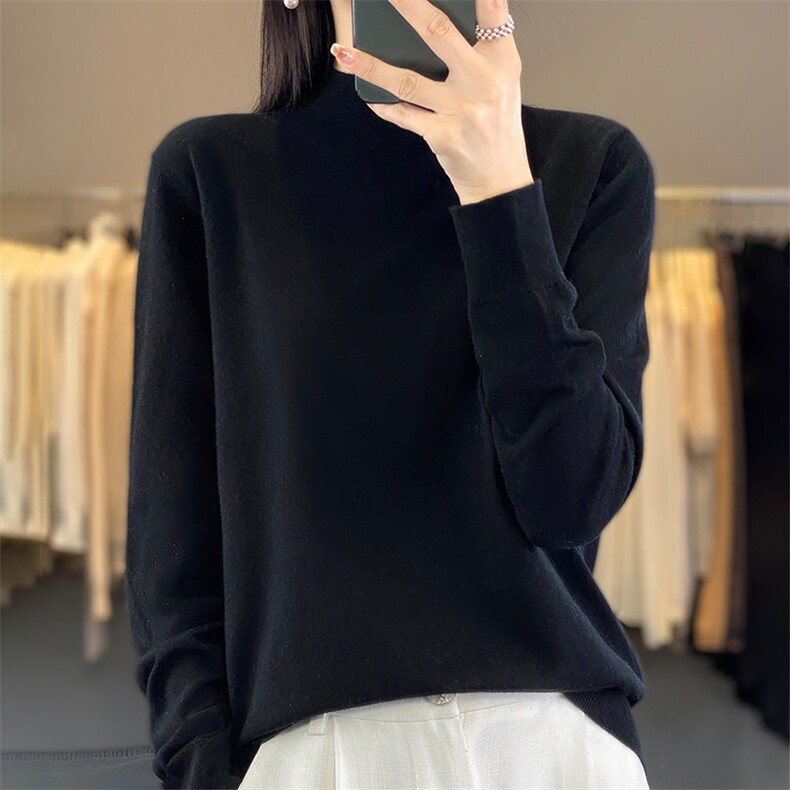 蕾丝半高领针织衫衫女提花长袖针织衫毛衣宽松上衣女打底上衣图片