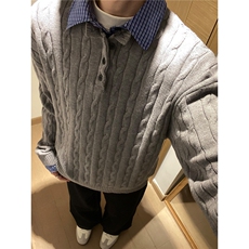 美式假两件拼接麻花针织毛衣男cleanfit宽松老钱风百搭上衣，男装针织衫/毛衣，星座410-7