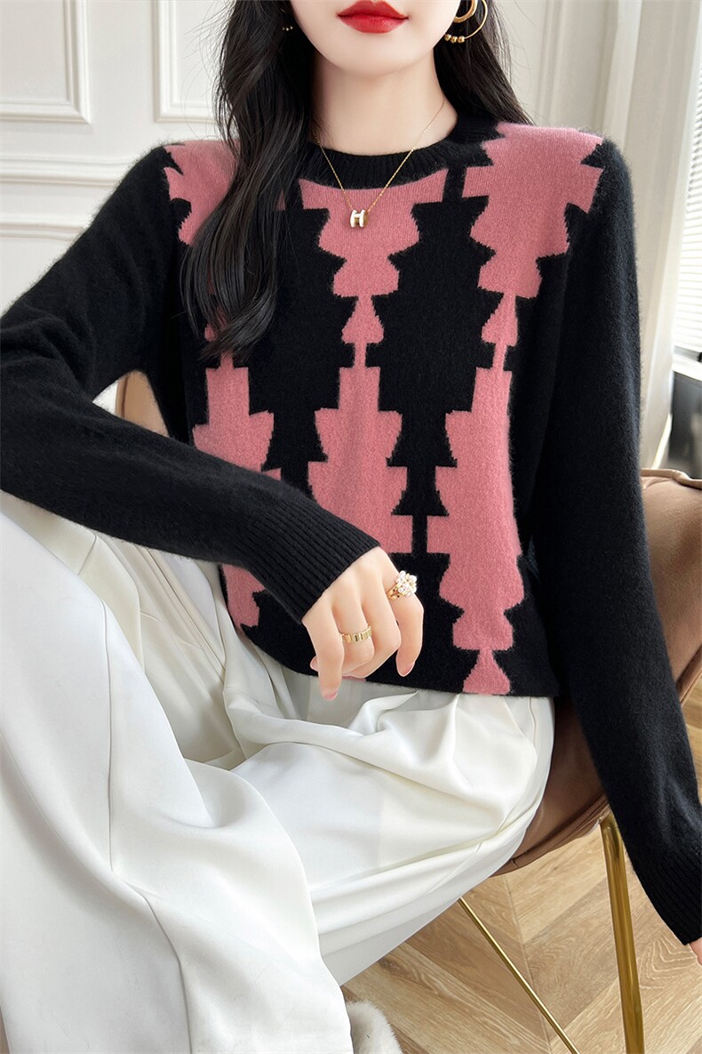 拼色圆领套头针织衫羊毛衫女秋冬2024年新款,女装羊毛衫,哲奥羊绒