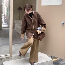 咖色格子小香风毛呢外套女秋冬2025新款高级感流行气质短款大衣，女装毛呢外套，2C210
