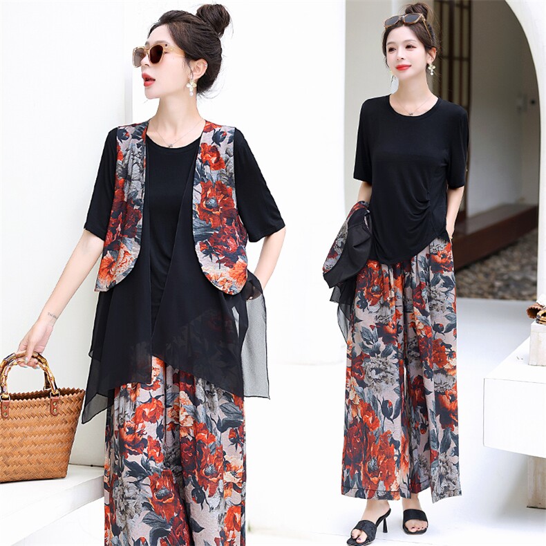 大码显瘦阔腿裤套装女夏2025新款爆款洋气遮肉减龄雪纺马甲三件套，女装套装/套裙，衣之秀