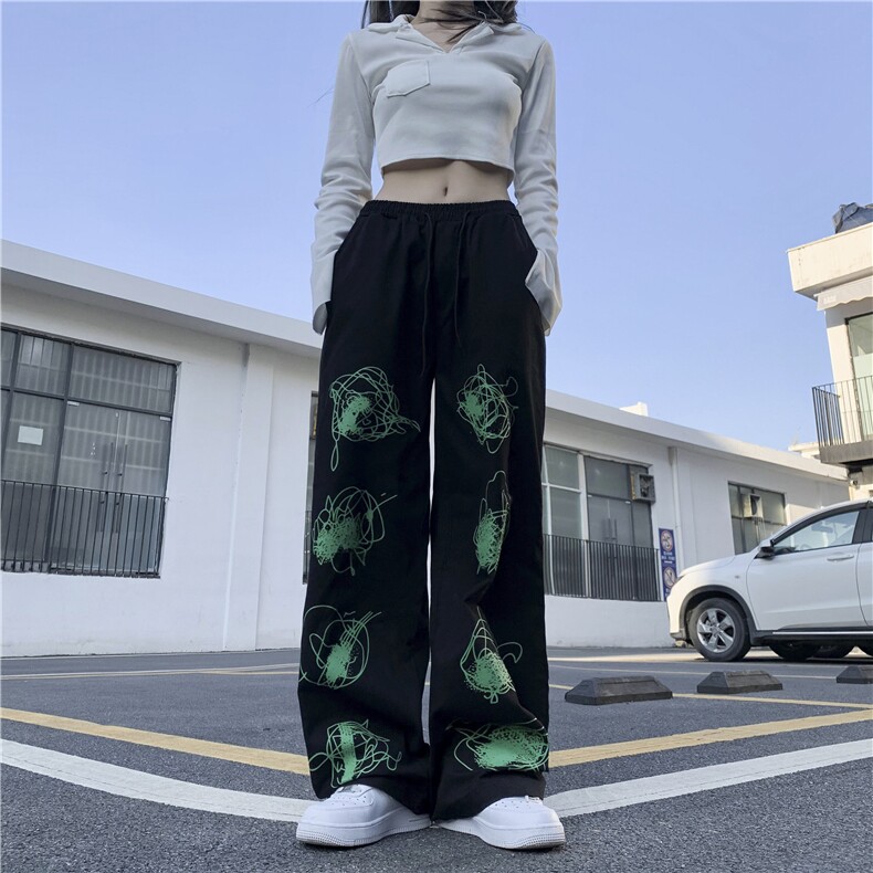 X361-P60街头百搭印花绿色涂鸦长裤男女直筒裤复古宽松休闲裤潮,男装休闲裤,星座911