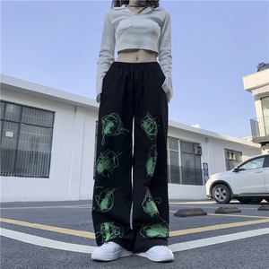 X361-P60 街头百搭印花绿色涂鸦长裤男女直筒裤复古宽松休闲裤潮图片