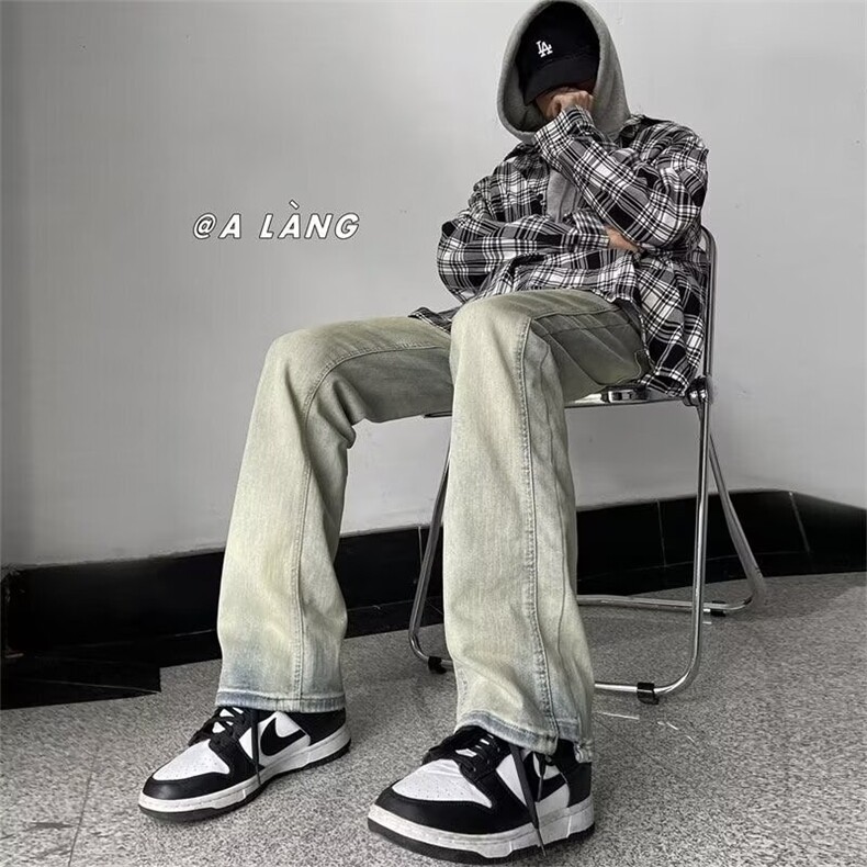新款牛仔裤男春秋季美式复古宽松阔腿直筒裤潮高街裤子AM503P40,男装牛仔裤,星座1013-5