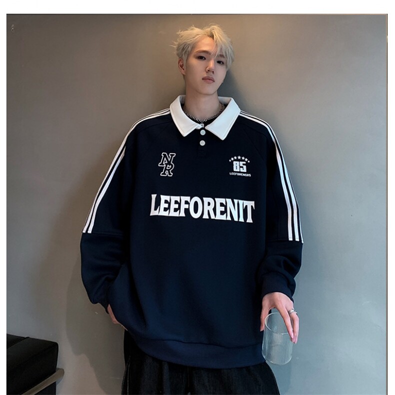 美式复古条纹POLO衫卫衣男女春秋休闲运动翻领插肩袖上衣W99-P58,男装Polo衫,电商C307A