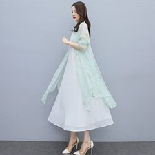 防晒衣女夏中长款2025新款雪纺衫印花外搭披肩超仙薄开衫防晒衫潮，女装蕾丝衫/雪纺衫，秀美人生