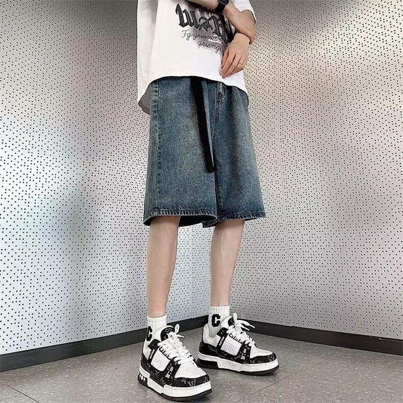 美式复古做旧腰带设计牛仔短裤男女宽松阔腿五分中裤潮D9327-p38,男装牛仔裤,星座1008