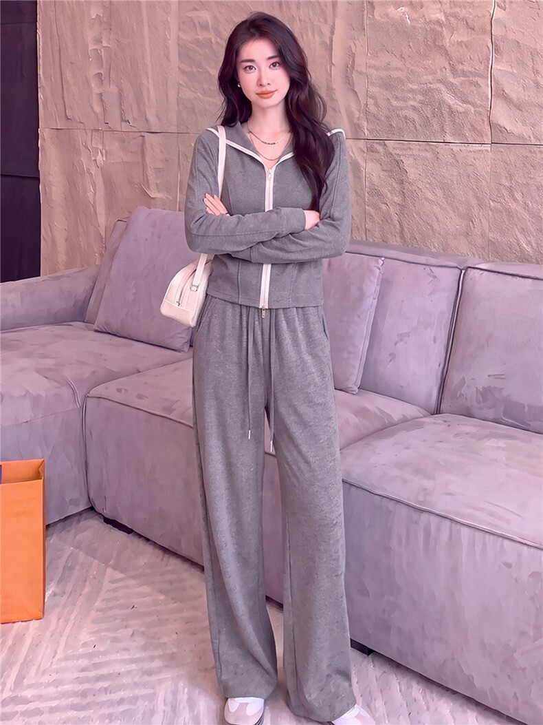 欧货休闲时尚套装女春秋灰色短款双头拉链长袖卫衣阔腿长裤两件套,女装套装/套裙,江南