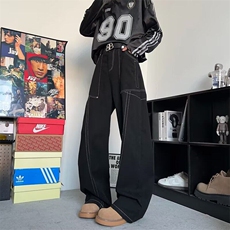 春秋青少年微弹常规美式设计感明线工装阔腿牛仔长裤直筒中腰水洗，男装牛仔裤，星座506A
