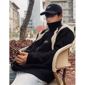 潮刺绣拉链针织衫开衫外套男秋冬季潮牌装宽松高领毛衣 M831图片