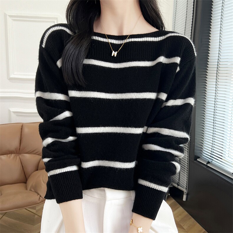 一字领条纹粗棒针宽松显瘦露肩洋气羊毛衫女韩版2024年秋季，女装羊毛衫，蒙特羊绒