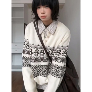 重磅秋冬装北极绒套头毛衣美式复古休闲慵懒风提花工艺针织衫外套图片