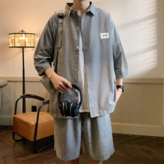 2026夏小清新条纹衬衫五分裤棉质宽松运动套装TZ8090/P65黑色9，男装休闲套装，电商A094