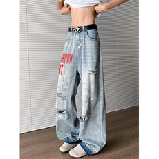 美式高街破洞牛仔裤男女韩版潮流字母2025夏季ins长裤RK2852-P55，男装牛仔裤，星座412-3