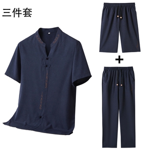 夏季风唐装短袖衬衫男中老年透气中式三件套装MJ5107C-P115图片