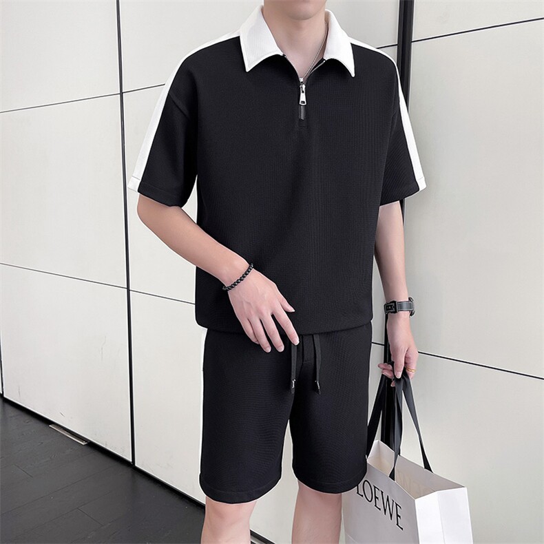 轻熟风~2025夏季新款华夫格拼色拉链领设计短袖套装Z033/P85,男装休闲套装,电商B331