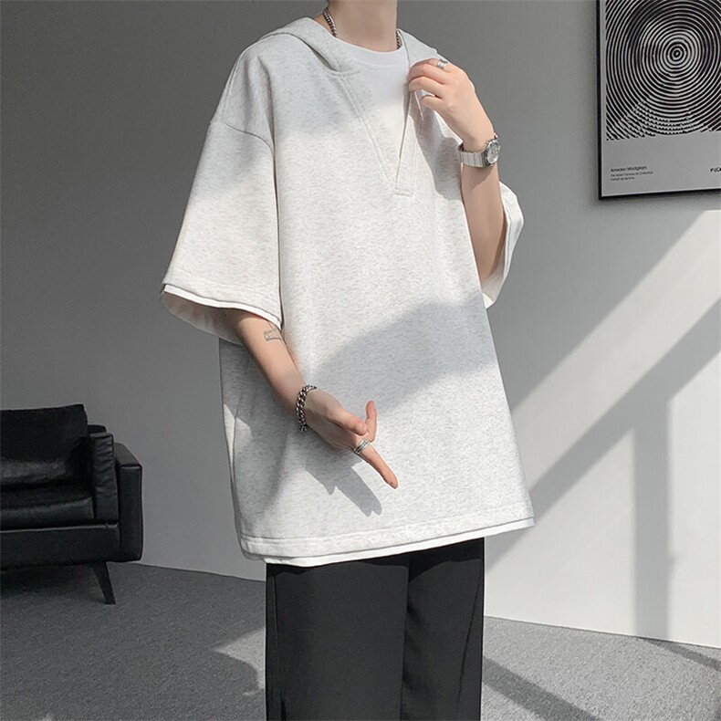 8XL-M假两件短袖卫衣连帽t恤男夏季薄款宽松大码学生半袖DT007P48,男装T恤,电商B312