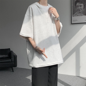8XL-M假两件短袖卫衣连帽t恤男夏季薄款宽松大码学生半袖DT007P48图片