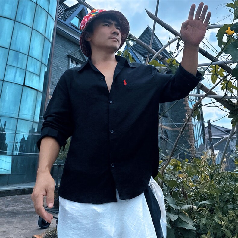 TS1慵懒风学院男士休闲长袖棉麻衬衫风透气凉爽高质量舒适潮图片