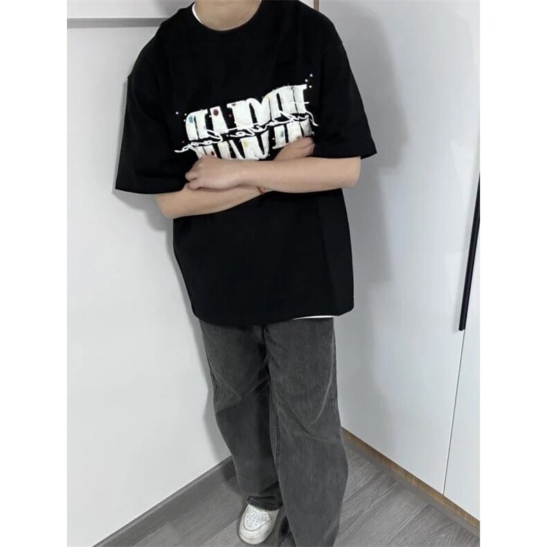 网图有货夏季260g情侣彩色波点字母刺绣短袖宽松T恤男女A593-P40,男装T恤,星座1505
