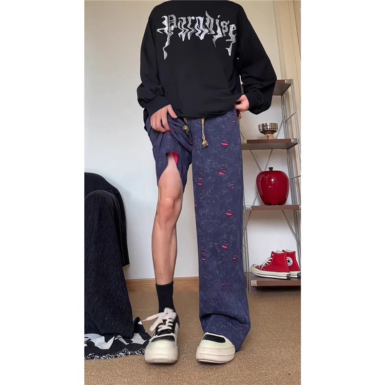 藏青色cleanfit弯刀卫裤男秋季小众设计感裤子撞色破洞直筒运动裤,男装休闲裤,星座506A