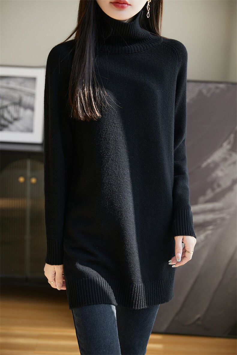 女士秋冬丝光羊毛中长款双股插肩高翻领羊毛衫,女装羊毛衫,朝思羊绒