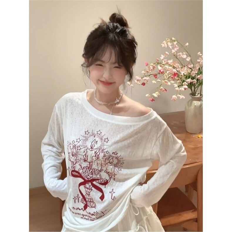 美式斜肩长袖t恤女春季新款涂鸦印花慵懒风防晒罩衫宽松薄款上衣图片