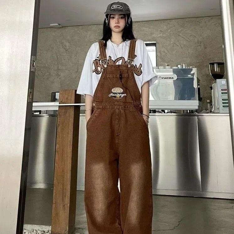 美式复古棕色汉堡刺绣背带裤女宽松直筒裤显瘦牛仔裤连体裤ins潮,男装牛仔裤,星座506A