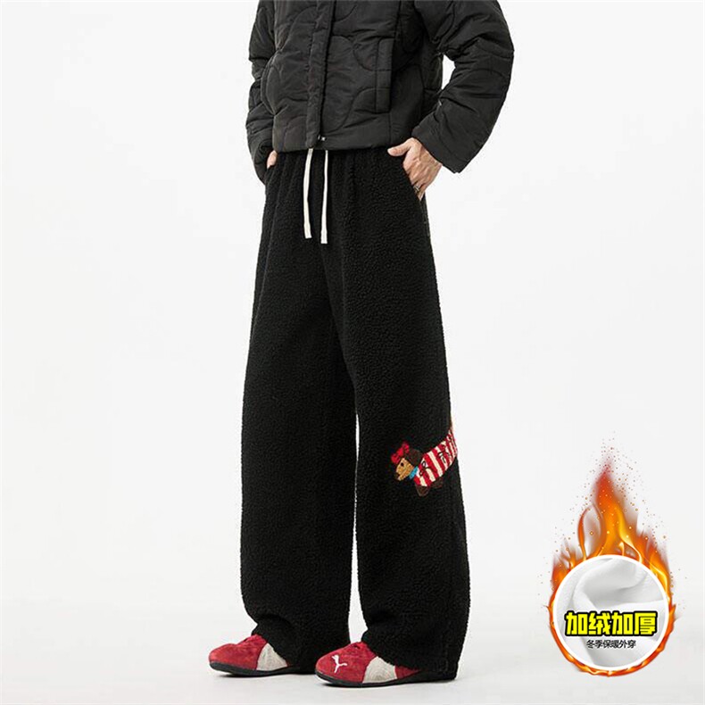 冬季美式刺绣羊羔毛棉裤男女情侣加绒加厚保暖宽松休闲阔腿长裤子，男装棉衣，电商A443