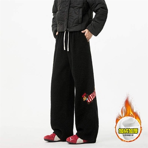冬季美式刺绣羊羔毛棉裤男女情侣加绒加厚保暖宽松休闲阔腿长裤子,男装棉衣,电商A443