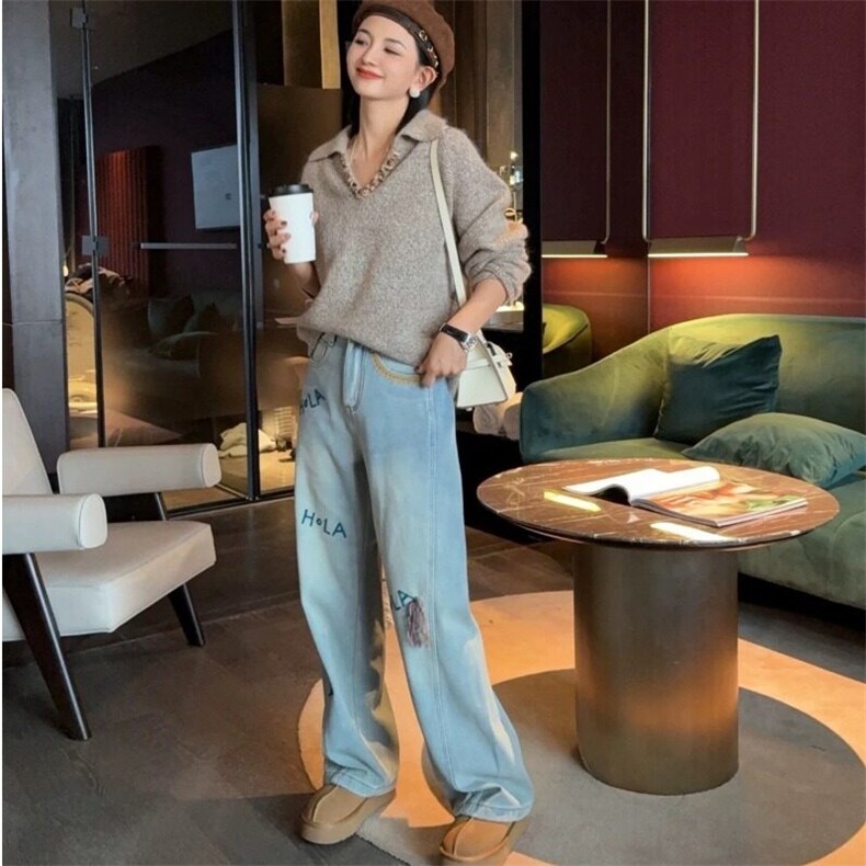 美式浅蓝色字母刺绣直筒牛仔裤女设计感小个子高腰宽松长裤子,女装休闲裤,星座506A
