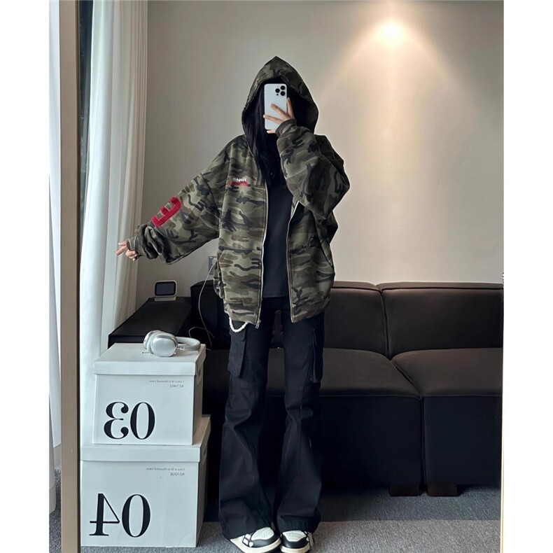 秋季新款迷彩开衫连帽运动衫男女美式覆古宽松百搭情侣外套潮,女装短外套,星座601-1