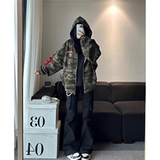 秋季新款迷彩开衫连帽运动衫男女美式覆古宽松百搭情侣外套潮，女装短外套，星座601-1