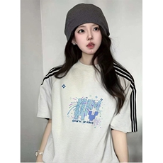 抖音得物品质二开240克宽松纯棉美式潮牌印花三条杠中性风短袖T恤，男装T恤，电商A486