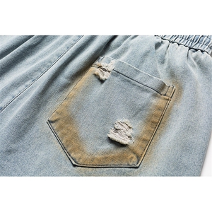 现货做旧牛仔裤 彩色泼墨五分宽松松紧腰休闲牛仔裤图片