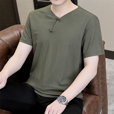 风2026夏季纯棉盘扣绣短袖T恤唐装大码男士小衫XF6502-P45，男装T恤，星座1105-3